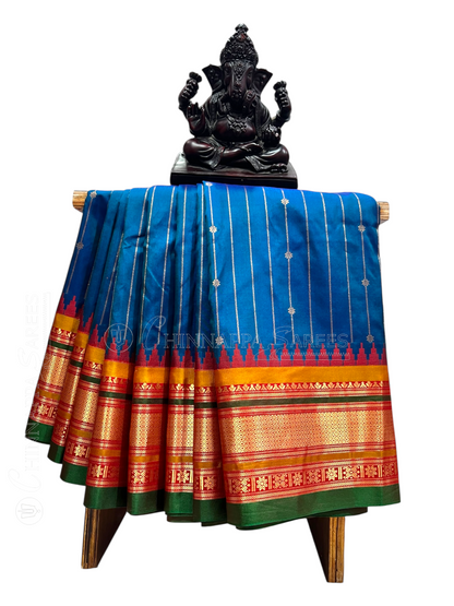 Kanchi Peacock Green Stripes Butta Pure Silk Sarees