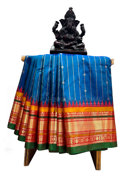Kanchi Peacock Green Stripes Butta Pure Silk Sarees