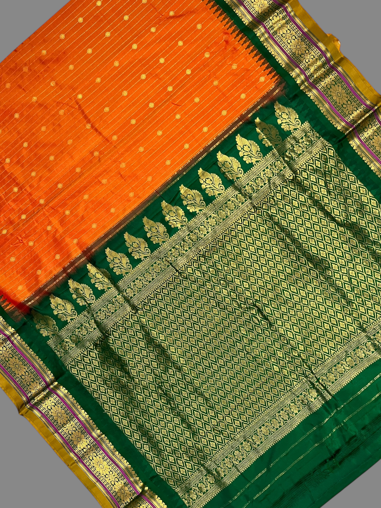 Kanchi Orange Stripes Butta Pure Silk Sarees