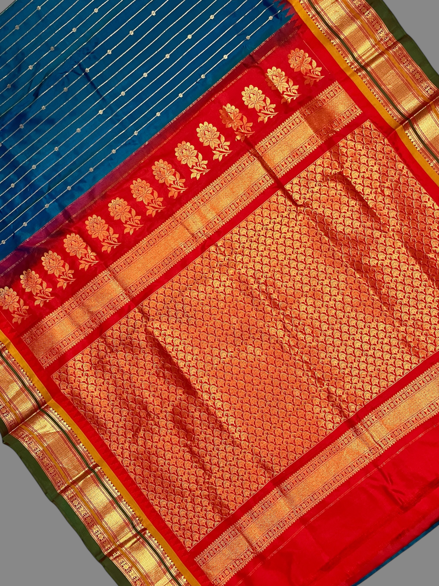 Kanchi Peacock Green Stripes Butta Pure Silk Sarees