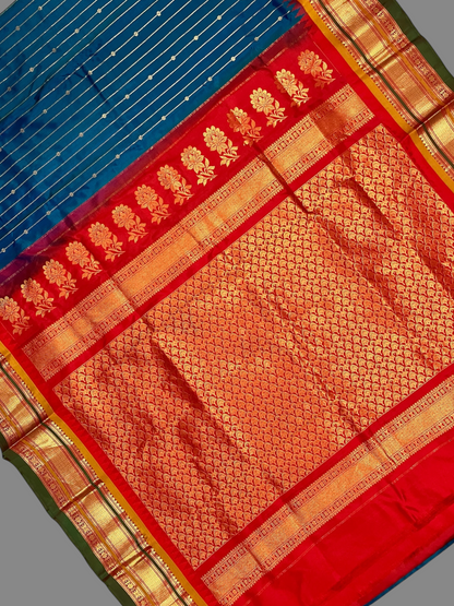 Kanchi Peacock Green Stripes Butta Pure Silk Sarees