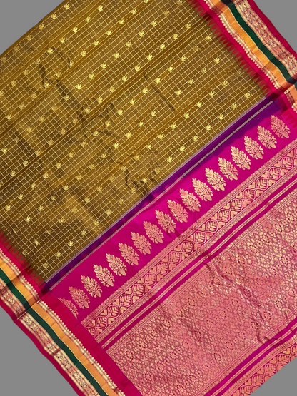Gap Border Checks Brown Pure Silk Saree