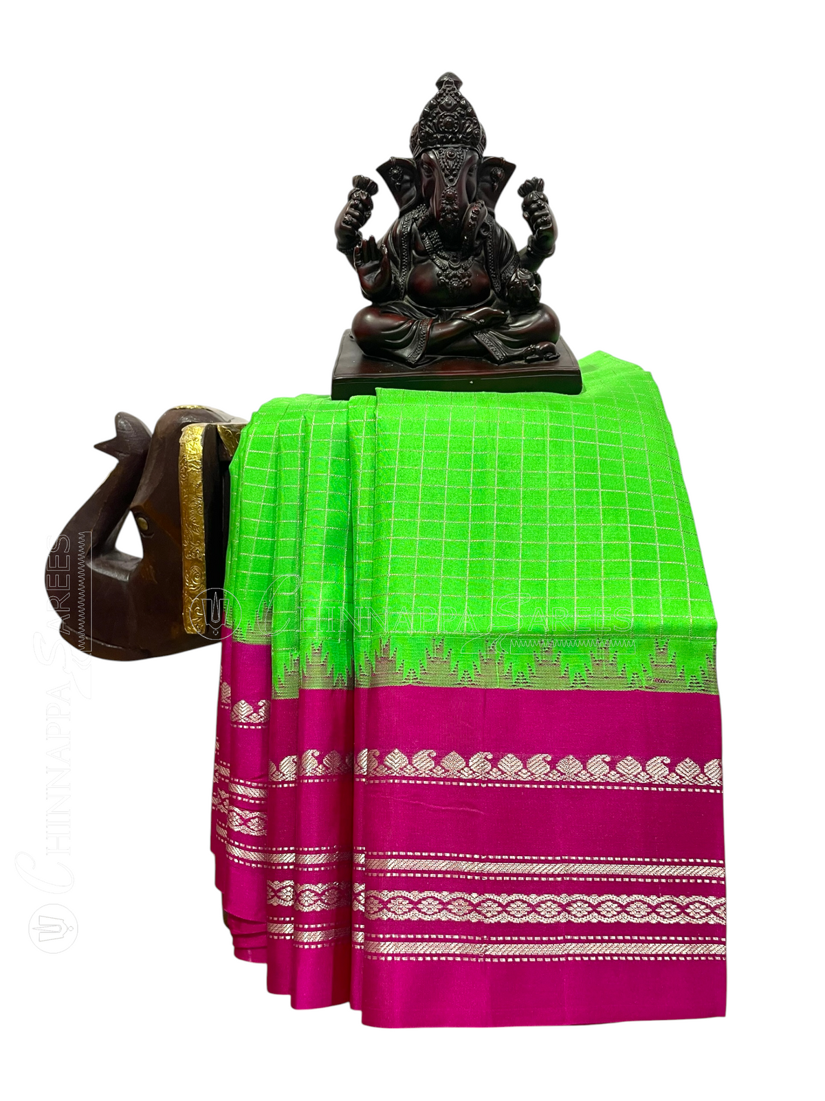 Parrot Green Pure Silk Checked Saree | Navratri Exclusive