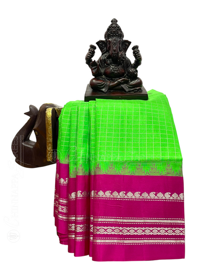 Parrot Green Pure Silk Checked Saree | Navratri Exclusive
