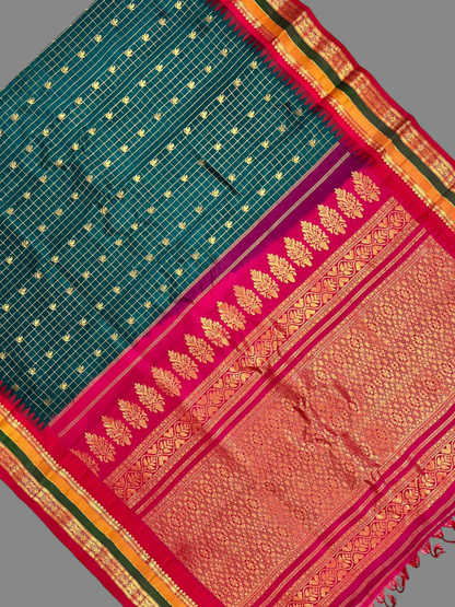 Gap Border Checks Peacock Green Pure Silk Saree
