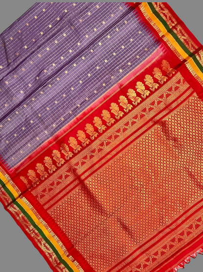 Gap Border Checks Pink Grey Pure Silk Saree