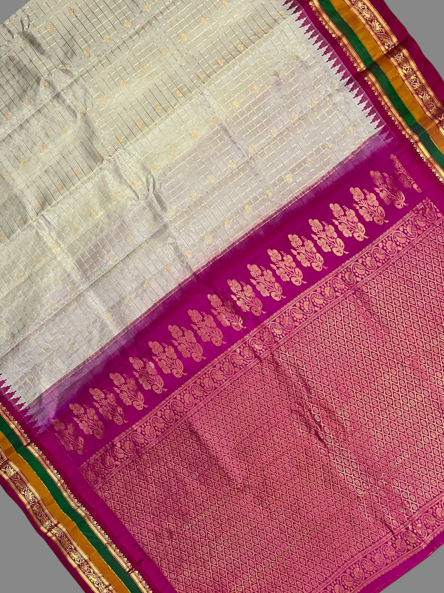 Gap Border Checks Half White Pure Silk Saree