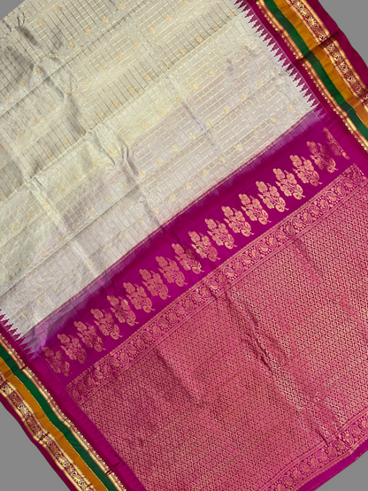 Gap Border Checks Half White Pure Silk Saree
