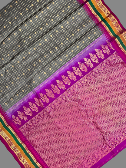 Gap Border Checks Grey Pure Silk Saree