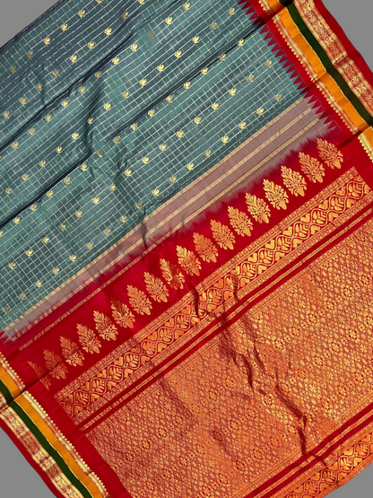 Gap Border Checks Blue Grey Pure Silk Saree