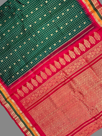 Gap Border Checks Dark Green Pure Silk Saree