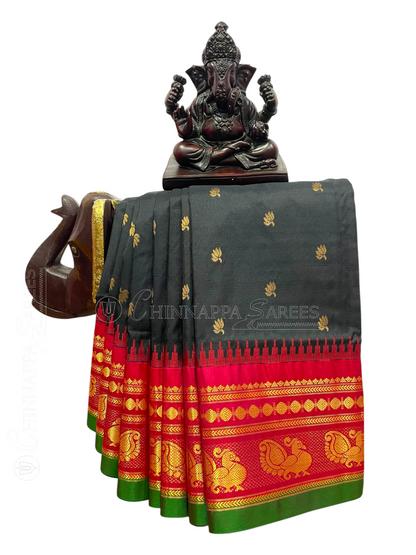 Moss Black Pure Silk Saree | Diwali Exclusive