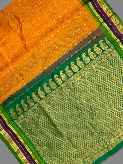 Gadwal Border Checks Orange Pure Silk Saree