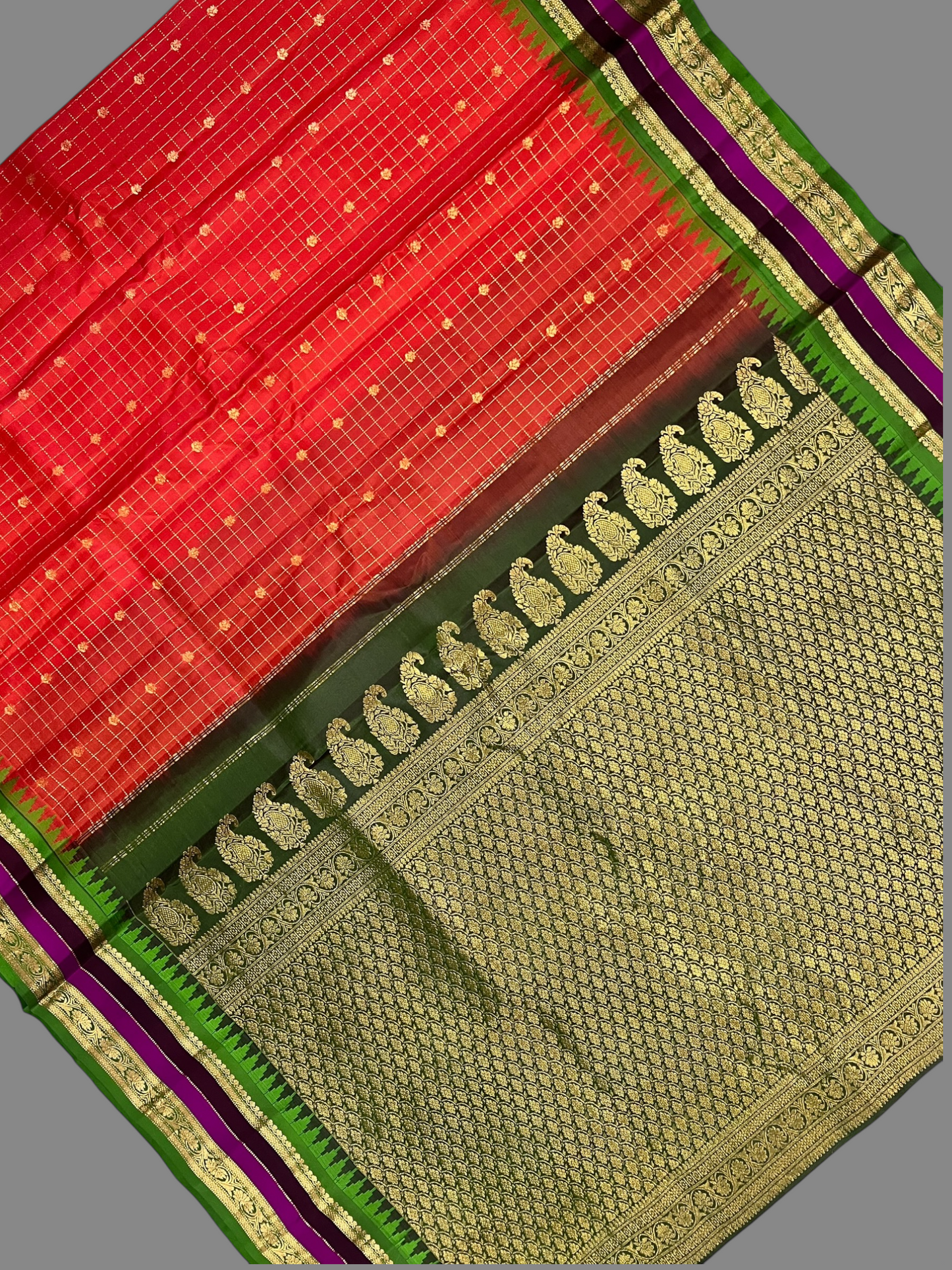 Gap Border Checks Red Orange Pure Silk Saree