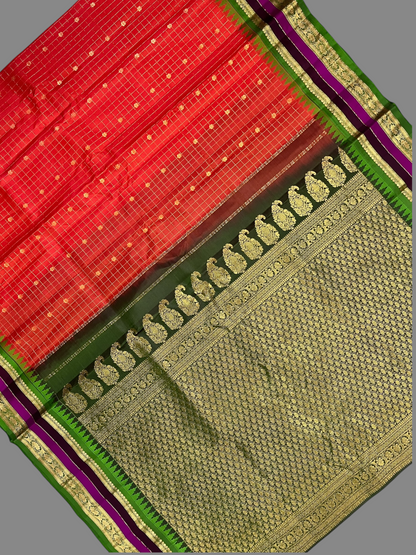 Gap Border Checks Red Orange Pure Silk Saree