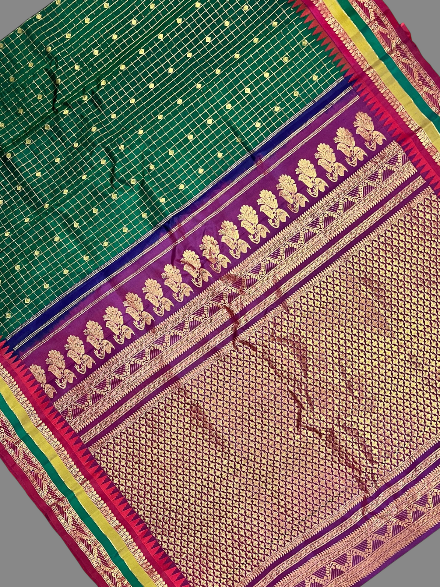 Gap Border Checks Peacock Dark Green Pure Silk Saree