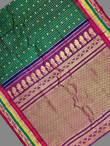 Gap Border Checks Peacock Dark Green Pure Silk Saree