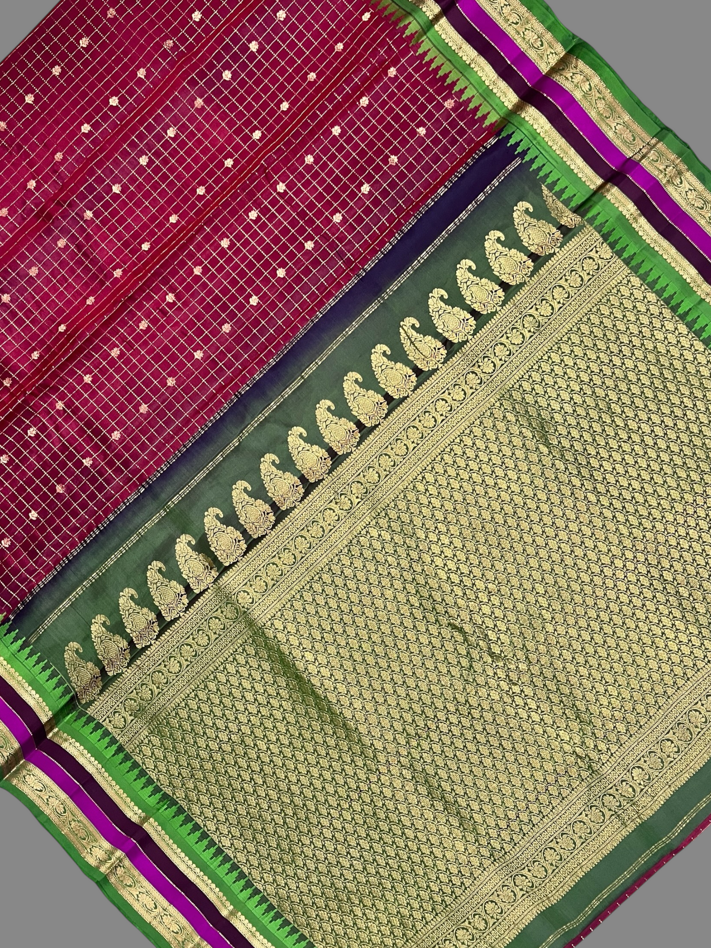 Gap Border Checks Red Brown Pure Silk Saree