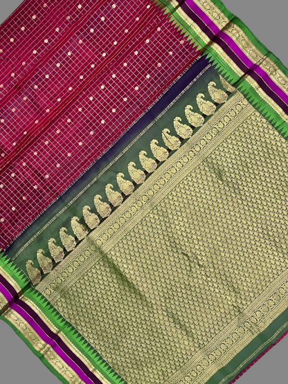 Gap Border Checks Red Brown Pure Silk Saree