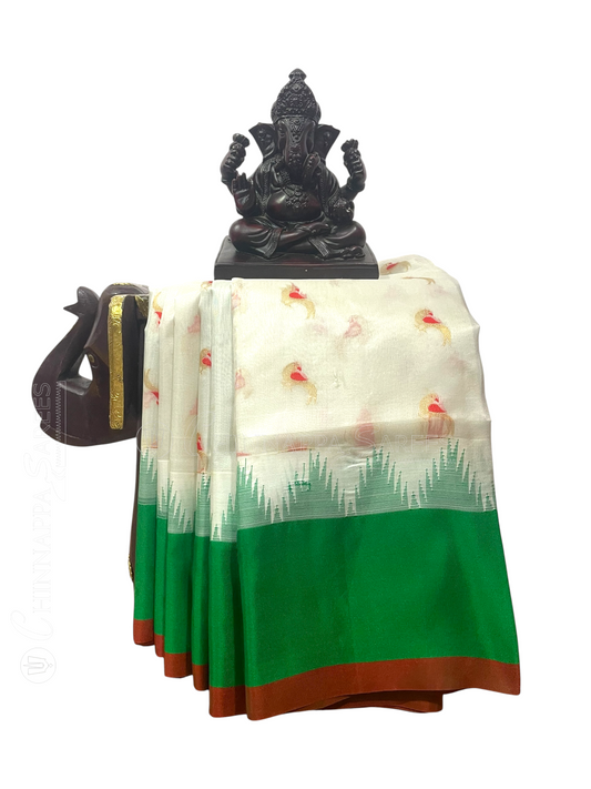 Pristine Off-White & Emerald Green Pure Silk Saree | Diwali Exclusive