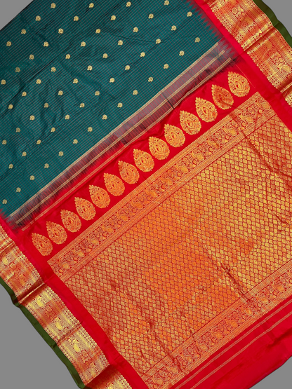 Gadwal Small Checks Butta Dull Green Pure Silk Sarees