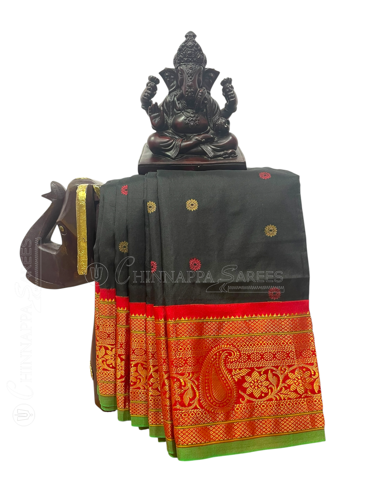 Black & Crimson Red Pure Silk Saree | Diwali Exclusive