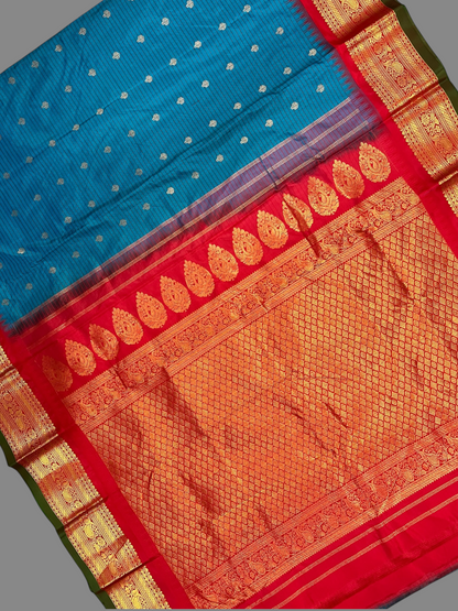 Gadwal Small Checks Butta Blue Pure Silk Sarees