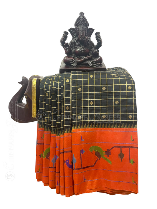 Black & Vermilion Orange Pure Silk Saree |