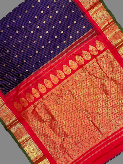 Gadwal Small Checks Butta Royal Blue Pure Silk Sarees