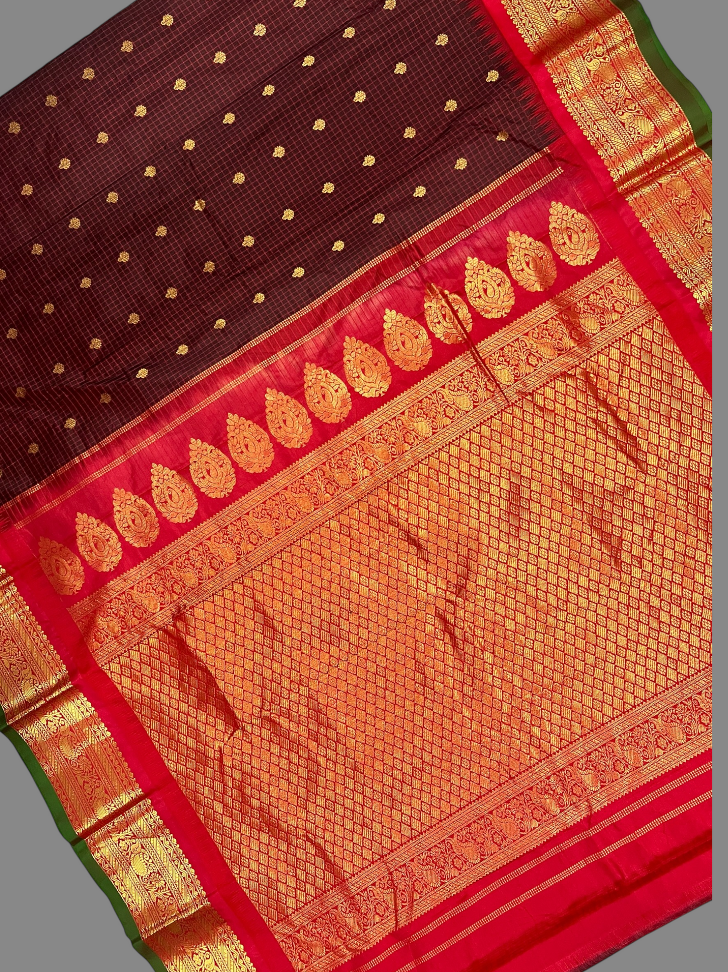 Gadwal Small Checks Butta Brown Pure Silk Sarees
