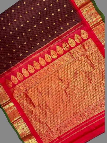 Gadwal Small Checks Butta Brown Pure Silk Sarees
