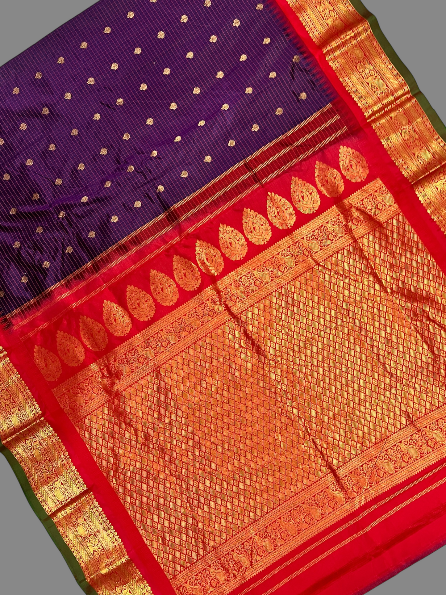Gadwal Small Checks Butta Dark Purple Pure Silk Sarees