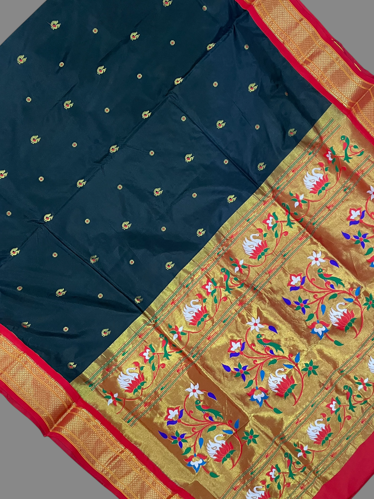 Matte Black & Crimson Red Pure Silk Saree | Diwali Exclusive