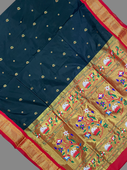 Matte Black & Crimson Red Pure Silk Saree | Diwali Exclusive