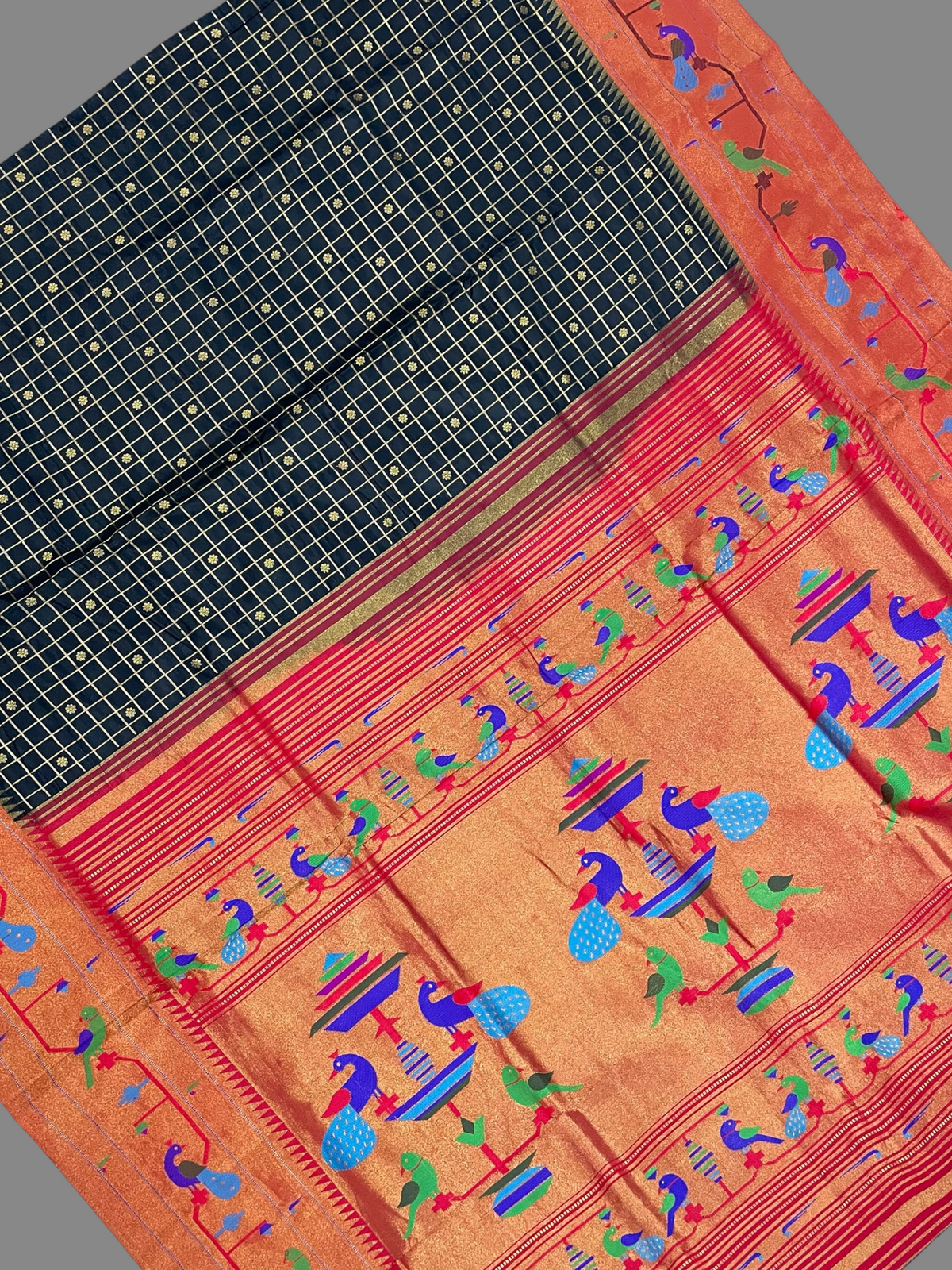 Black & Vermilion Orange Pure Silk Saree |