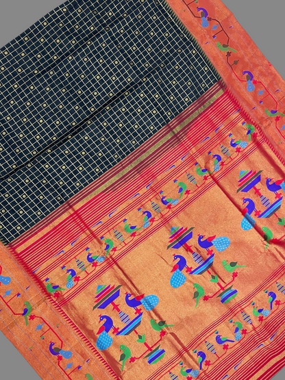 Black & Vermilion Orange Pure Silk Saree |