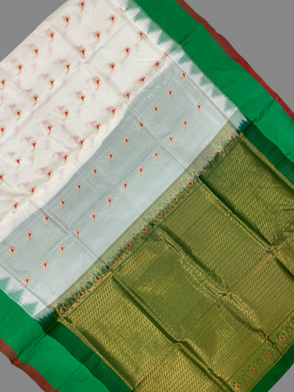 Pristine Off-White & Emerald Green Pure Silk Saree | Diwali Exclusive