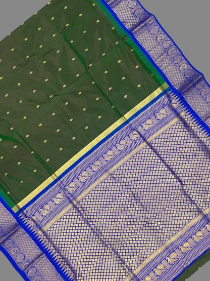 Olive Green Pure Silk Saree | Diwali Exclusive