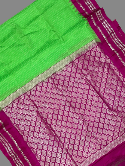 Parrot Green Pure Silk Checked Saree | Navratri Exclusive