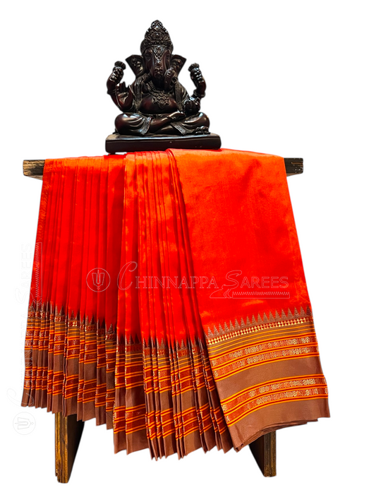 Narayanpet Plain Saffron Orange Colour Pure Silk Saree
