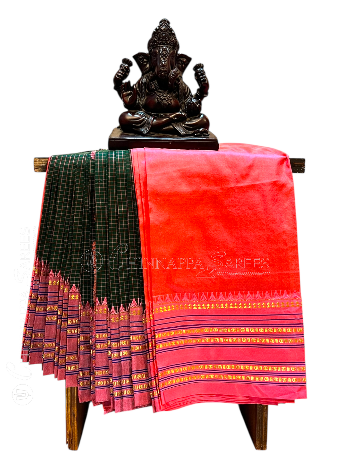 Narayanpet Checks Dark Green Pure Silk Saree