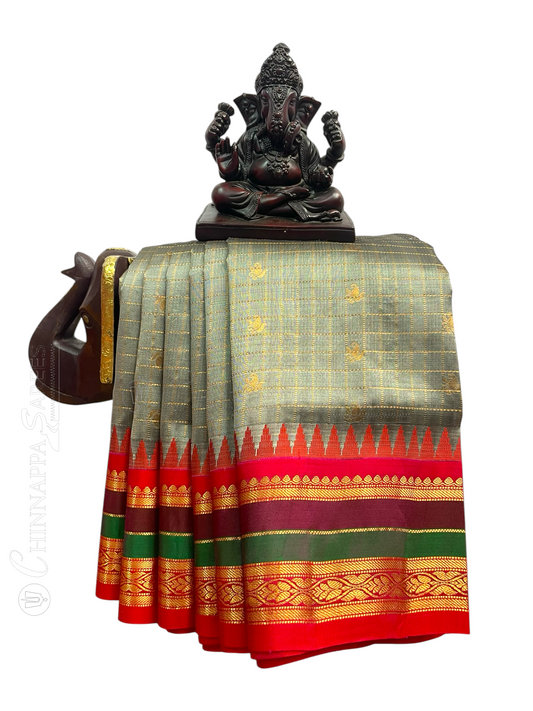 Gap Border Checks Metallic Steel Grey Pure Silk Saree