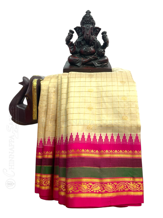 Gap Border Checks Pearl Cream Pure Silk Saree