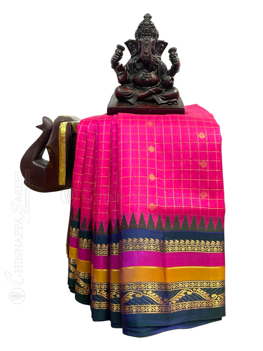 Gap Border Checks Rani Pink Pure Silk Saree