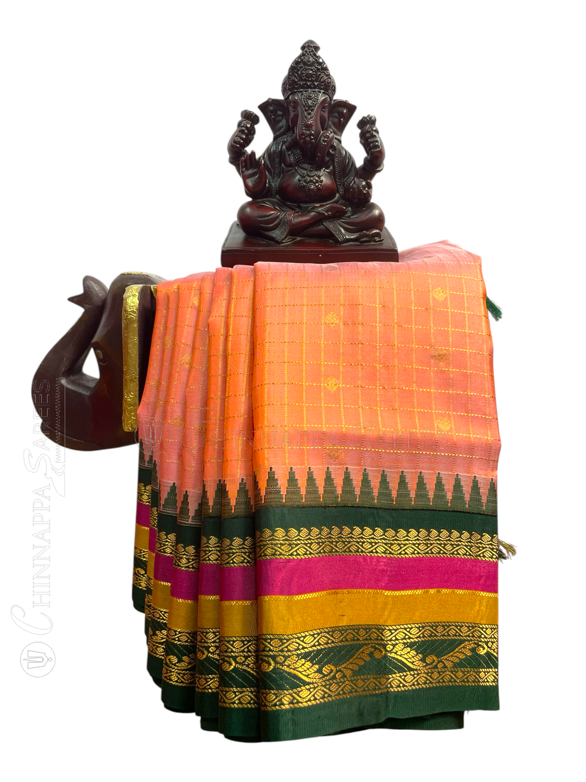 Gap Border Checks Soft Peach Pink Pure Silk Saree