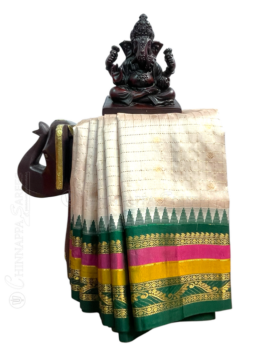 Gap Border Checks Pearl White Pure Silk Saree