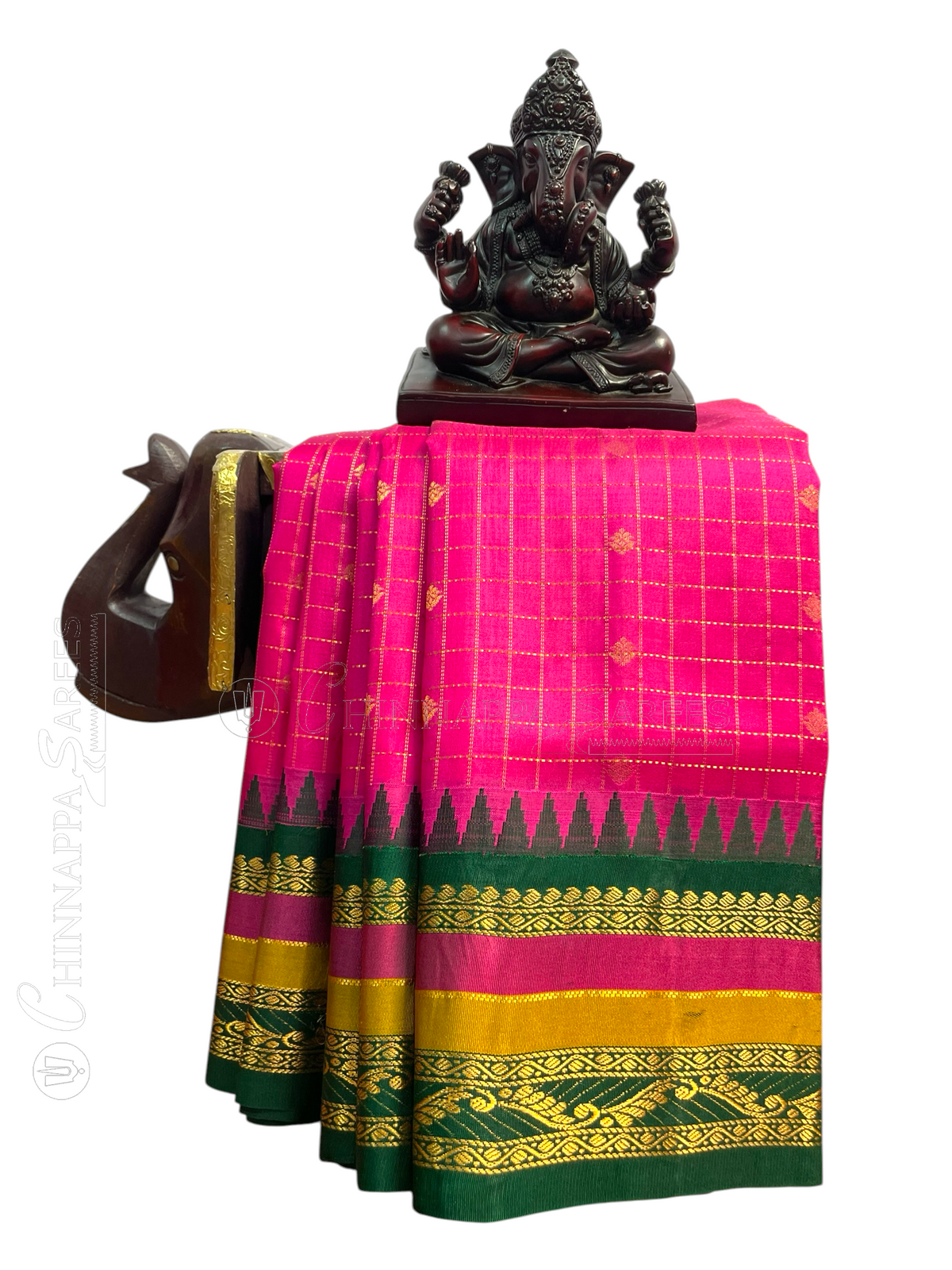 Gap Border Checks Magenta Pink Pure Silk Saree