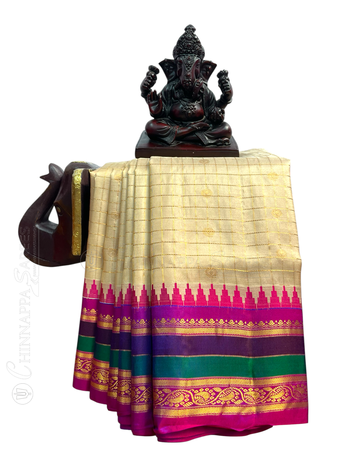 Gap Border Checks Ivory Cream Pure Silk Saree