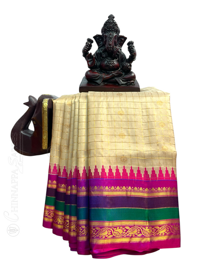 Gap Border Checks Ivory Cream Pure Silk Saree
