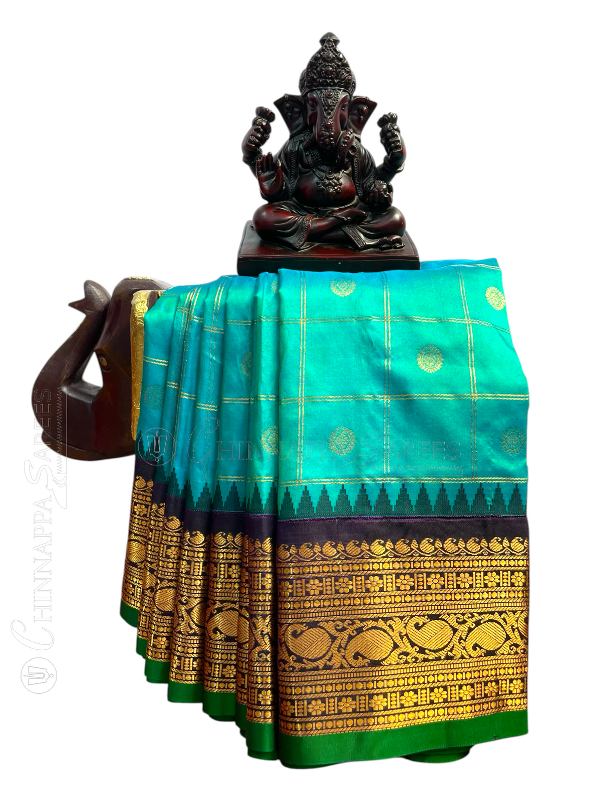Bridal Big Checks Butta Sea Green Pure Silk Sarees